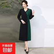 國風(fēng)連衣裙女春秋新款氣質(zhì)V領(lǐng)中年女裝遮肚顯瘦中長(cháng)款過(guò)膝裙撞色 綠色【 XL 建議100-120斤