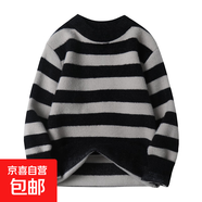 男款秋冬潮牌條紋毛衣水貂絨加厚線(xiàn)衣初中生高中生保暖針織毛衣潮 B1-05-9087黑色 XL