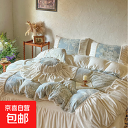 冬季法式復古牛奶絨四件套公主風珊瑚絨雙面毛絨加絨花卉被套床裙 洛可可-藍 1.8m床裙款四件套被套200*230