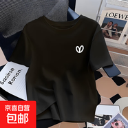 簡約時尚純棉白短袖t恤女夏季2025新款寬松長袖t恤女正肩上衣775# 0246黑色-短袖 XL 參考115-125斤