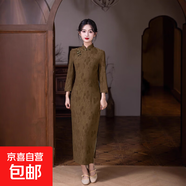 國(guó)風(fēng)改良提花繡改良旗袍少女款新中式長(zhǎng)款婚宴禮演出氣質(zhì)連衣裙 橄欖綠 2XL （125-135斤）