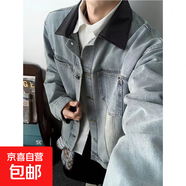 美式復古pu皮拼接牛仔外套男女春秋冬潮牌街頭寬松BF翻領(lǐng)工裝夾克 藍色 M