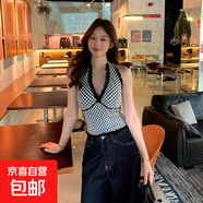 2025夏季新款設計感小眾辣妹掛脖式吊帶背心外穿顯瘦蕾絲格子上衣 黑色 【KK-R532】 XL