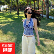 2025夏季新款設(shè)計感小眾辣妹掛脖式吊帶背心外穿顯瘦蕾絲格子上衣 藍(lán)色 【KK-R532】 XL