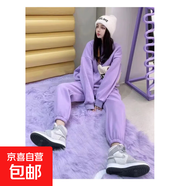 加絨加厚休閑時尚運(yùn)動套裝女秋冬新款寬松長袖衛(wèi)衣長褲兩件套ZHFS 紫色 套裝 L