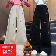 女童加絨褲子秋冬2025新款冬裝女孩冬季加厚條絨闊腿褲兒童休閑褲 YL-RV2099【米色蝴蝶結刺繡加絨闊腿褲】 130