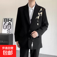 秋季感輕奢立體繡花重工亮片休閑西服外套男痞帥演出西裝潮流 黑色 3XL