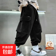 【特價(jià)清倉】男童褲子工裝褲冬季加絨加厚燈芯絨褲兒童中大童寬松 燈芯絨立體兜工裝褲（黑色-羊羔絨） 150 建議身高140cm左右