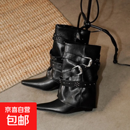 尖頭氣質(zhì)坡跟褲管靴女2025新款顯瘦皮帶扣法式辣妹短靴直筒騎士靴 黑色 37