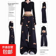美式復(fù)古貼布刺繡闊腿牛仔褲女2025年秋冬新款寬松直筒拖地褲 深藍(lán)色 XL
