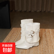 尖頭氣質(zhì)坡跟褲管靴女2025新款顯瘦皮帶扣法式辣妹短靴直筒騎士靴 米白色 37