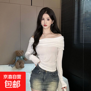 早秋新款露肩長袖t恤女ins設(shè)計感修身顯瘦內(nèi)搭褶皺純欲風上衣RNMY 白色 【薄絨磨毛款】 S 推薦70-95斤