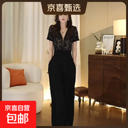 2025夏季新款氣質(zhì)名媛優(yōu)雅高腰闊腿褲蕾絲拼接黑色連體褲女D2544 黑色 L 【110-120斤】