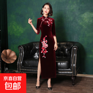 時(shí)尚刺繡旗袍復古中國民族風(fēng)2025秋冬新款修身絲絨改良旗袍 701紅 M