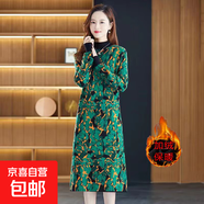 加絨加厚媽媽裝大碼連衣裙提花顯年輕秋冬連衣裙洋氣穿搭 綠色 M 【建議80-100斤】