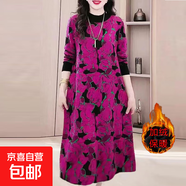 加絨加厚媽媽裝大碼連衣裙提花顯年輕秋冬連衣裙洋氣穿搭 玫紅色 2XL 【建議130-145斤】