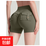 婕姿芬跨境歐美健身運動(dòng)工裝短褲女高腰緊身提臀口袋三分褲裸感瑜 軍綠色 S （95-110斤）