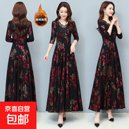 2025加絨加厚媽媽裝秋冬季長(cháng)袖連衣裙高端洋氣中老年長(cháng)款時(shí)尚裙子 紅色【冬季加絨加厚】 4XL 【建議146-155斤】