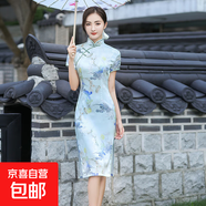 2025夏季新款旗袍時(shí)尚少女連衣裙大碼媽媽女裝日常宴會(huì )演出服中式 DQ3-10淺藍 M 建議90-100斤