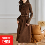 【通勤利器】燈芯絨加厚連衣裙女中長(cháng)款高腰顯瘦淑女裙秋冬裙子 咖啡色 XL