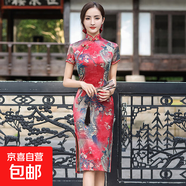 2025夏季新款旗袍時(shí)尚少女連衣裙大碼媽媽女裝日常宴會(huì )演出服中式 DQ3-5紅梅花 L 建議100-110斤