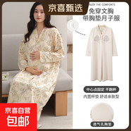 孕婦裙月子服帶胸墊住院待產(chǎn)裙產(chǎn)婦喂奶哺乳期連衣裙孕婦睡裙長袖 小兔樹叢品20007 L【180克100%棉柔軟親膚】