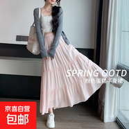 女裝半身裙女夏季高腰顯瘦傘裙a字長(cháng)裙小個(gè)子蛋糕裙 粉色【加長(cháng)款】 L 適合（111-125斤）