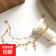 韓國百搭珍珠手鏈女ins風(fēng)小眾高級感鈦鋼手鐲情侶手鏈手飾品批發(fā) 2113#珍珠+十字架（兩件套）