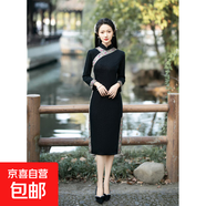 2025新款復古優(yōu)雅民國風(fēng)繡花加絨旗袍秋冬款改良氣質(zhì)淑女范連衣裙 01黑色 L