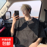 夏季短袖男款寬松鋼印五分袖衣服青少年半袖體恤美式風(fēng)涼感T恤男 T2503黑色 2XL 約145-165斤可穿