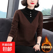 秋冬蕾絲長袖t恤女加絨保暖休閑顯瘦體恤修身加絨打底衫女士上衣 8908咖啡色【德絨加厚】 2XL 參考125-140斤