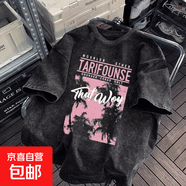 水洗做舊重磅短袖T恤男夏oversize美式復古高街歐美潮牌五分半袖 黑灰色 DS472 L (建議體重100-115斤左右）