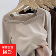 秋冬蕾絲長(cháng)袖t恤女加絨保暖休閑顯瘦體恤修身加絨打底衫女士上衣 966卡其【薄款】 2XL 參考125-140斤