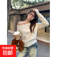 不規則斜肩長(cháng)袖毛衣女款2025新款秋冬季修身露肩chic針織百搭上衣 白色 均碼