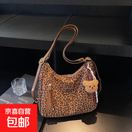 高級(jí)感復(fù)古豹紋斜挎包女2025新款大容量秋冬時(shí)尚單肩通勤包上課包 棕色帶掛件