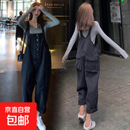 減齡氣質(zhì)設(shè)計感牛仔背帶褲女寬松大碼胖mm洋氣顯瘦直筒連體長褲子 黑色復(fù)古牛仔背帶褲單件 M