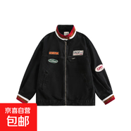 春秋美式字母刺繡牛仔外套男女潮流百搭寬松情侶帥氣復古立領(lǐng)夾克 黑色 L
