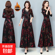 2025加絨加厚媽媽裝秋冬季長(cháng)袖連衣裙顯瘦中老年長(cháng)款時(shí)尚高級感 紅色【冬季加絨加厚】 4XL 【建議160-175斤】