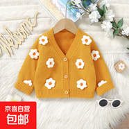 ins熱季秋冬新款女寶寶外套手工立體鉤花毛衣針織開(kāi)襟衫 黃色 73 74cm