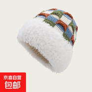 手工菱格秋冬拼接針織帽子女防寒保暖毛絨雙層加絨加厚針織帽 保暖針織帽-白色加絨-1個(gè)