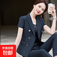 短袖西裝外套女夏季薄款短袖通勤正裝工作服氣質(zhì)女士銷售職業(yè)套裝 墨綠色外套+半身裙 4XL