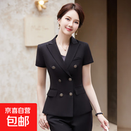 短袖西裝外套女夏季薄款短袖通勤正裝工作服氣質(zhì)女士銷(xiāo)售職業(yè)套裝 黑色外套+西褲 S