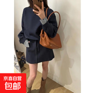 藏青色休閑運動(dòng)套裝女早秋miu系格子拼接長(cháng)袖衛衣半身短裙兩件套 藏青色上衣+短裙 XL