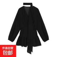 法式黑色飄帶雪紡長袖連衣裙女裝早秋氣質(zhì)收腰a字短裙巨好看裙子 黑色 S