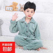 法蘭絨睡衣秋冬款兒童家居服珊瑚絨男女中大童青少年套裝 豎條豆綠色 M#參考尺碼表 165