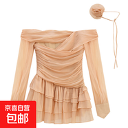 法式純欲一字領(lǐng)露肩燈籠袖收腰顯瘦荷葉蛋糕花朵系帶抹胸連衣裙女 杏色 XL