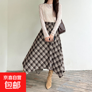 咖色格子半身裙女2025新款秋冬高腰a字大擺傘裙小個(gè)子不規則半裙 咖啡 M 建議106-120斤