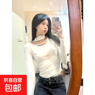 純欲甜辣妹秋冬厚薄款獨特別致鏤空掛脖緊身上衣長(cháng)袖t恤女設計感 白色 【精選螺紋棉】 L 推薦106-115斤
