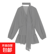 法式黑色飄帶雪紡長袖連衣裙女裝早秋氣質(zhì)收腰a字短裙巨好看裙子 灰色 XL