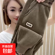 冬季秋冬新款加絨加厚休閑褲高腰衛褲媽媽寬松大碼保暖束腳哈倫褲 灰駝色【春秋薄款】 4XL 【建議160-180斤】